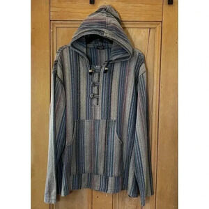 Himalayan Shop Mens Striped Pullover Toggle Nepal Hoodie Size Medium Blue NEW
